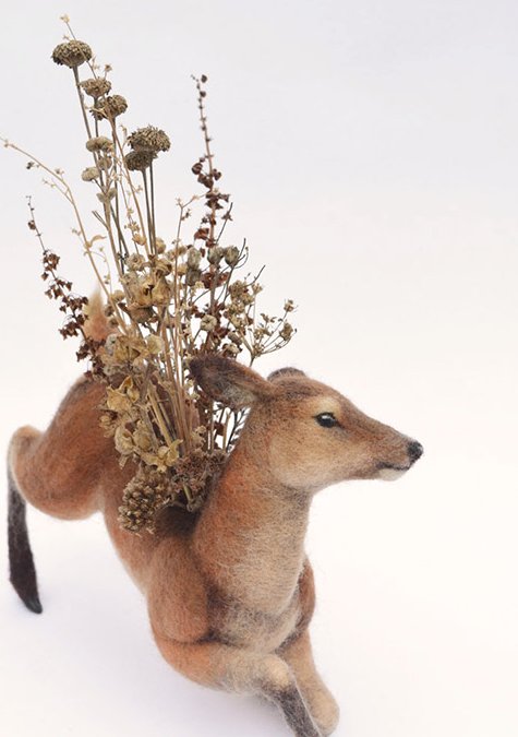 Needle felt deer found object sculpture